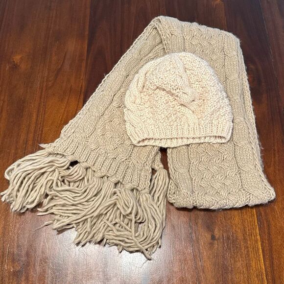 Cream Knit Hat and Tan Scarf Set Soft and Warm - Picture 1 of 10